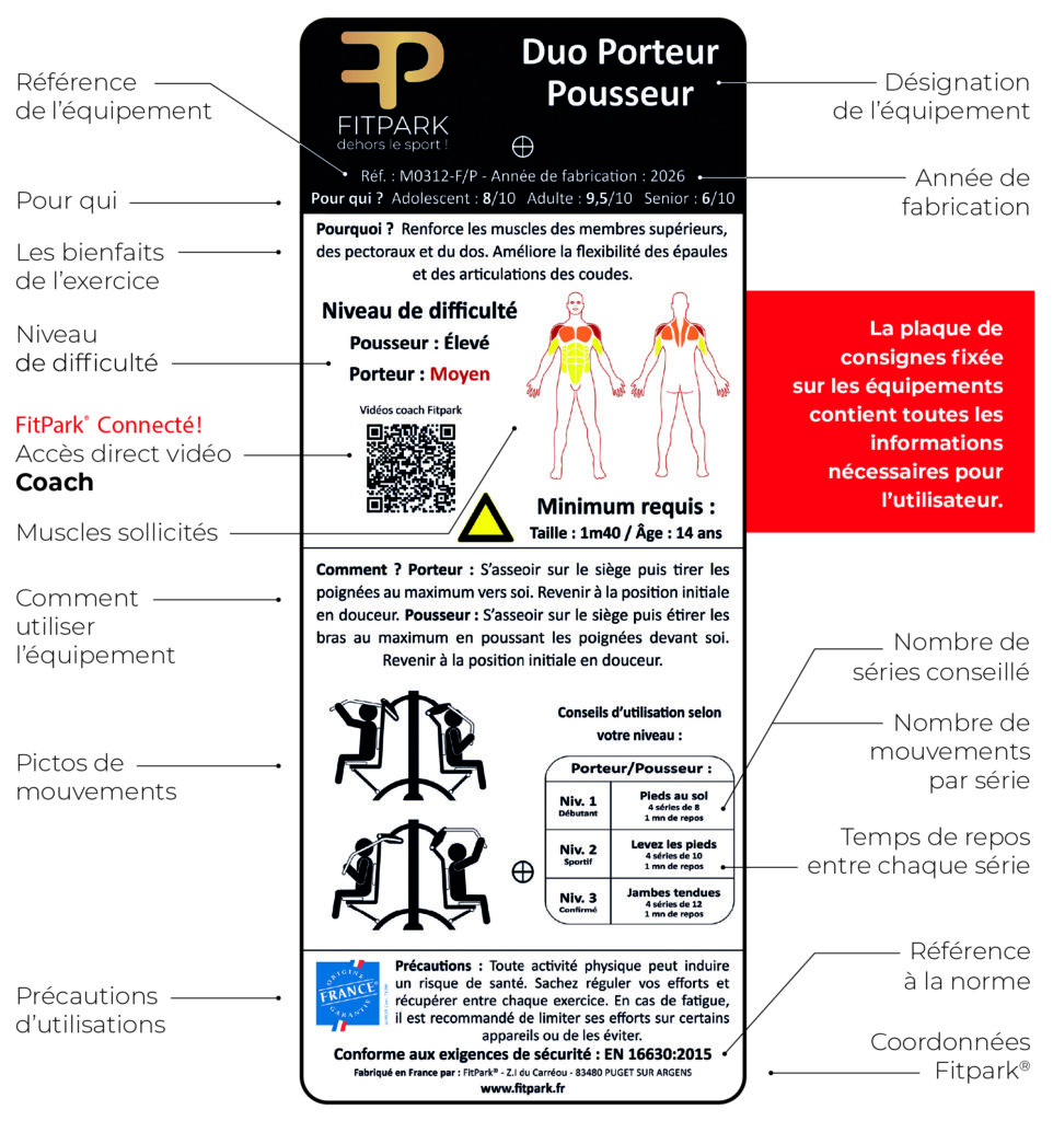 Presentation - Information et Signaletique - Descriptif Plaque de consignes - FitPark Presentation - Information et Signaletique - Descriptif Plaque de consignes fixee sur les equipements contient toutes les informations necessaires pour l'utilisateur - FitPark