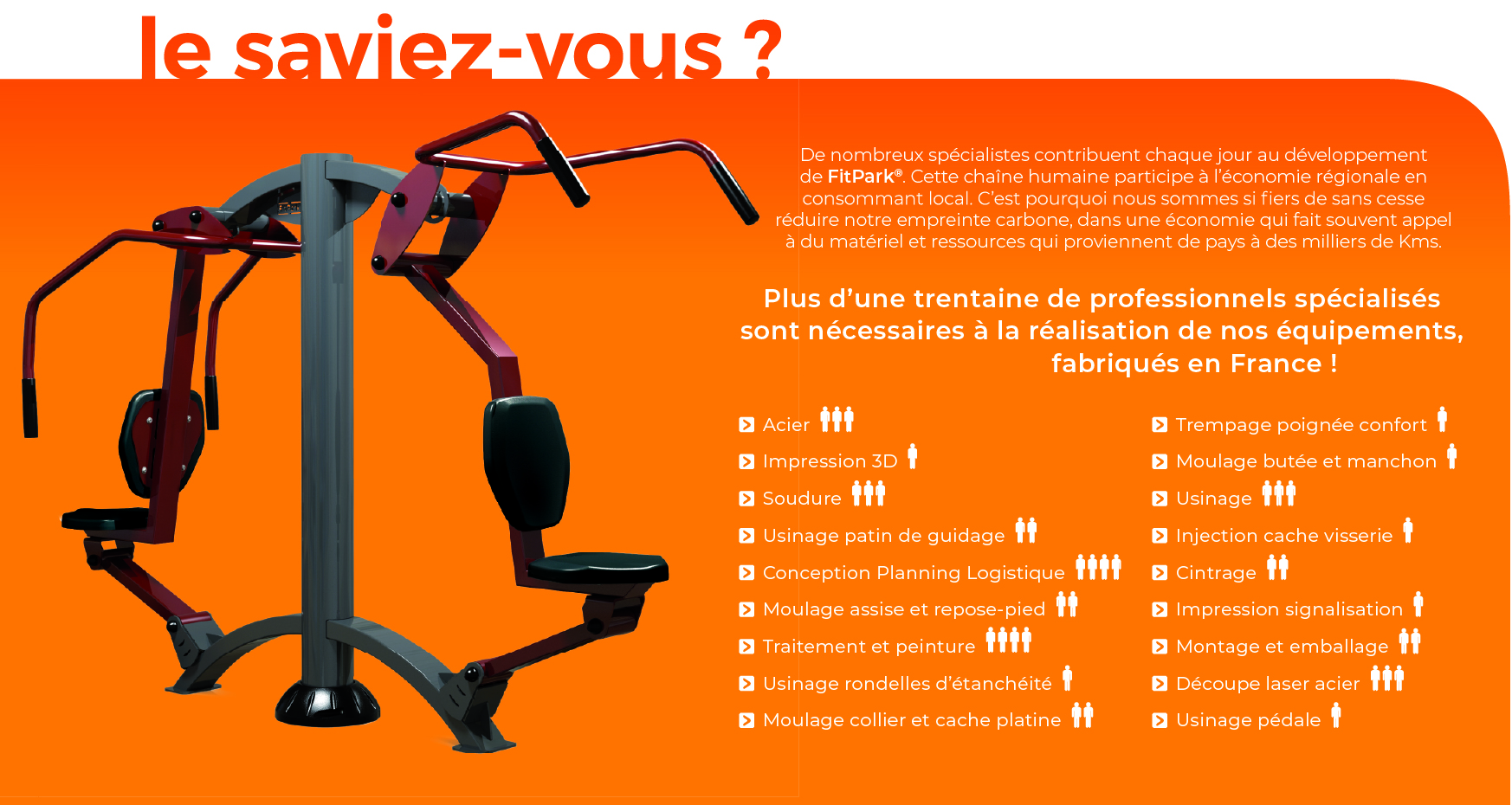 Presentation - Origine France Garantie - Le saviez vous - De nombreux specialistes contribuent chaque jour au developpement de FitPark®. Cette chaine humaine participe à l’economie regionale en consommant local. C’est pourquoi nous sommes si fiers de sans cesse reduire notre empreinte carbone, dans une economie qui fait souvent appel a du materiel et ressources qui proviennent de pays à des milliers de Kms - Plus d’une trentaine de professionnels specialises sont necessaires a la realisation de nos equipements, fabriques en France ! - FitPark
